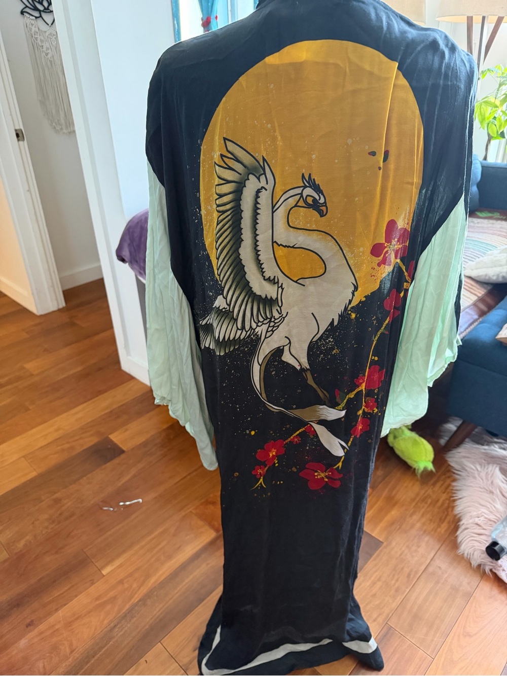 Free People Black & Mint Crane Print Long Robe